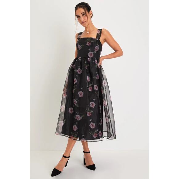 Lulus Dress Adorable Appeal Black Floral Organza Lace-Up Midi Dress Size XL - Picture 1 of 5